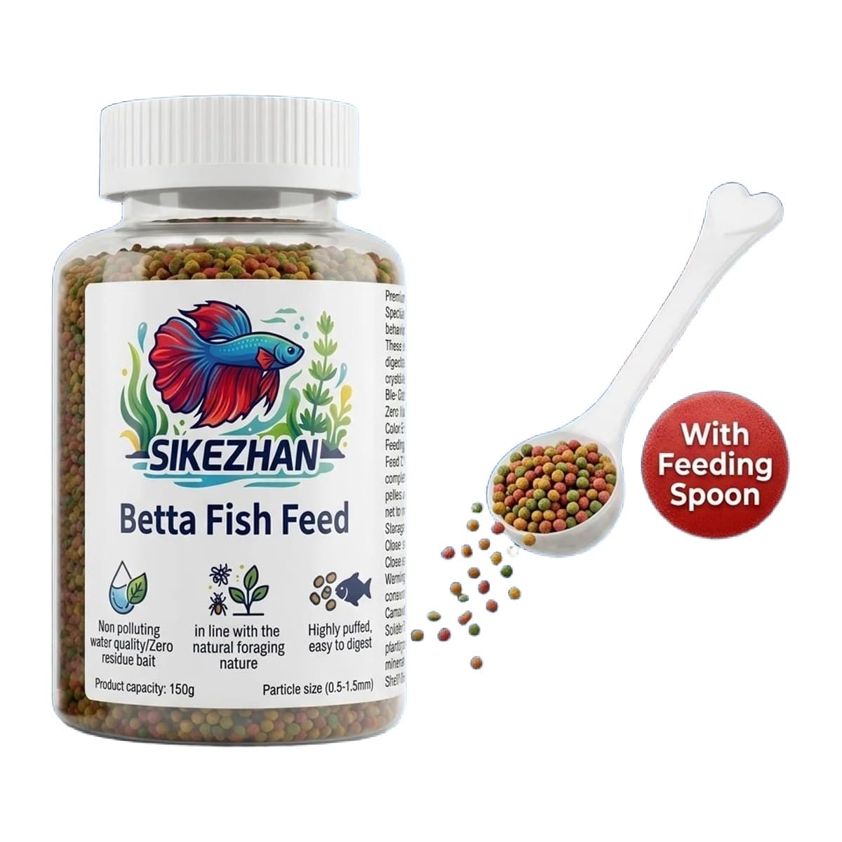 Micro pellets sized for a betta's upturned mouth — high protein for tissue, colour enhancers for the fins. Com