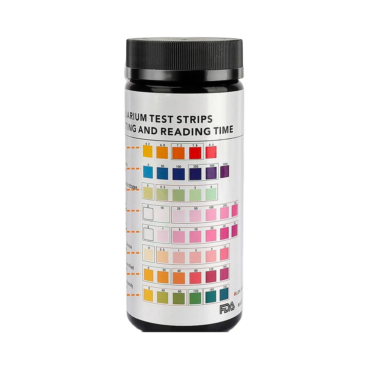 8 in 1 aquarium test strips, 100-count bottle with colour chart