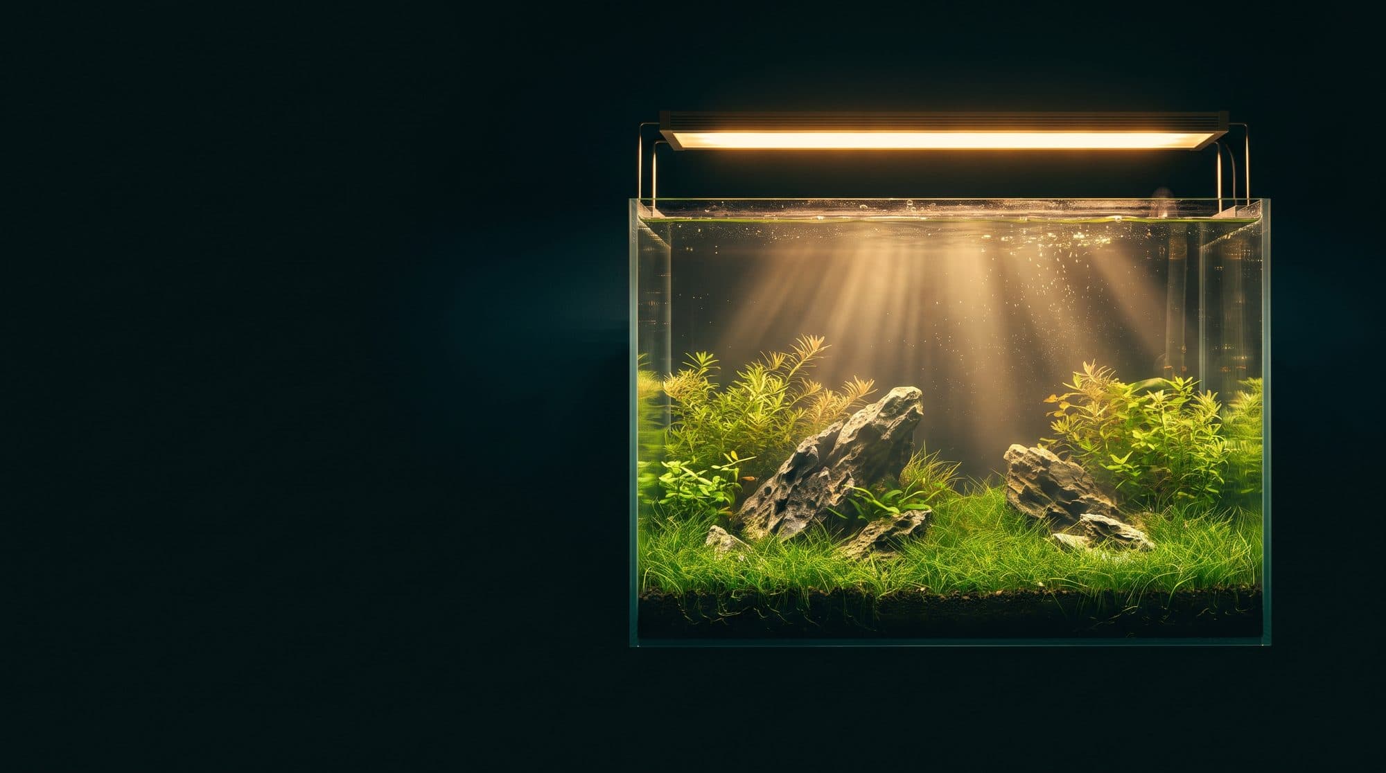A planted freshwater aquascape lit by a full-spectrum LED bar